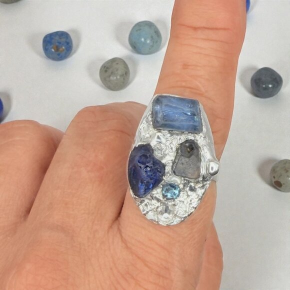 Studio Crafted Brutalist Blue Multi- Sea Glass & Crystal Statement Ring Size 9 - Picture 6 of 16